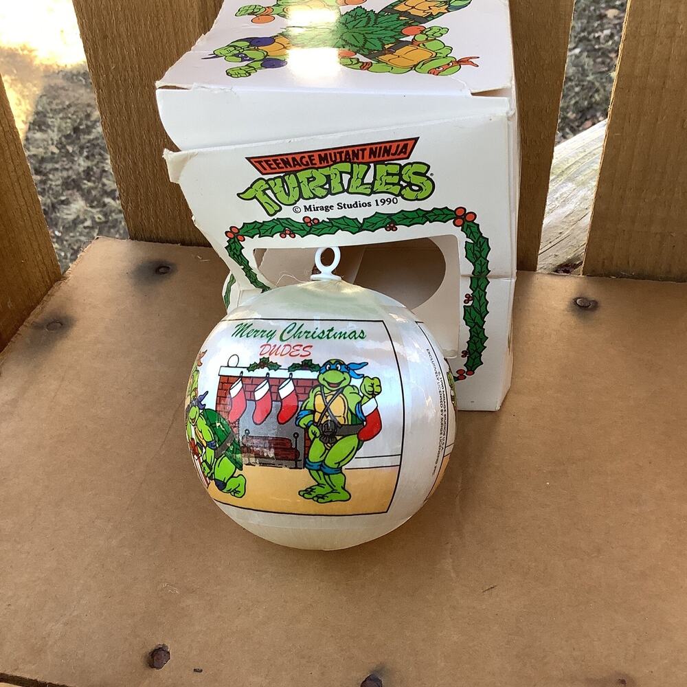 1990 TMNT Turtles w/ Tree & Gifts Christmas Ornament Unbreakable Satin NOS